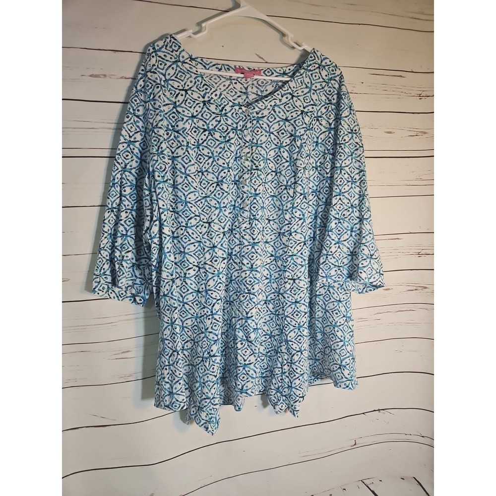 Woman Within Blouse Size 2X (26-28)  3/4‎ Sleeve Blue/white